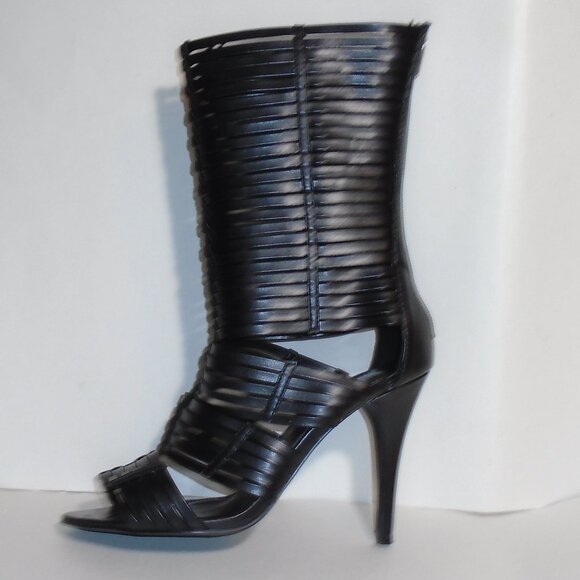 Colin Stuart Calf High Boots Stiletto Heel Pumps Skin Baring Peep Toe Black - Picture 5 of 14